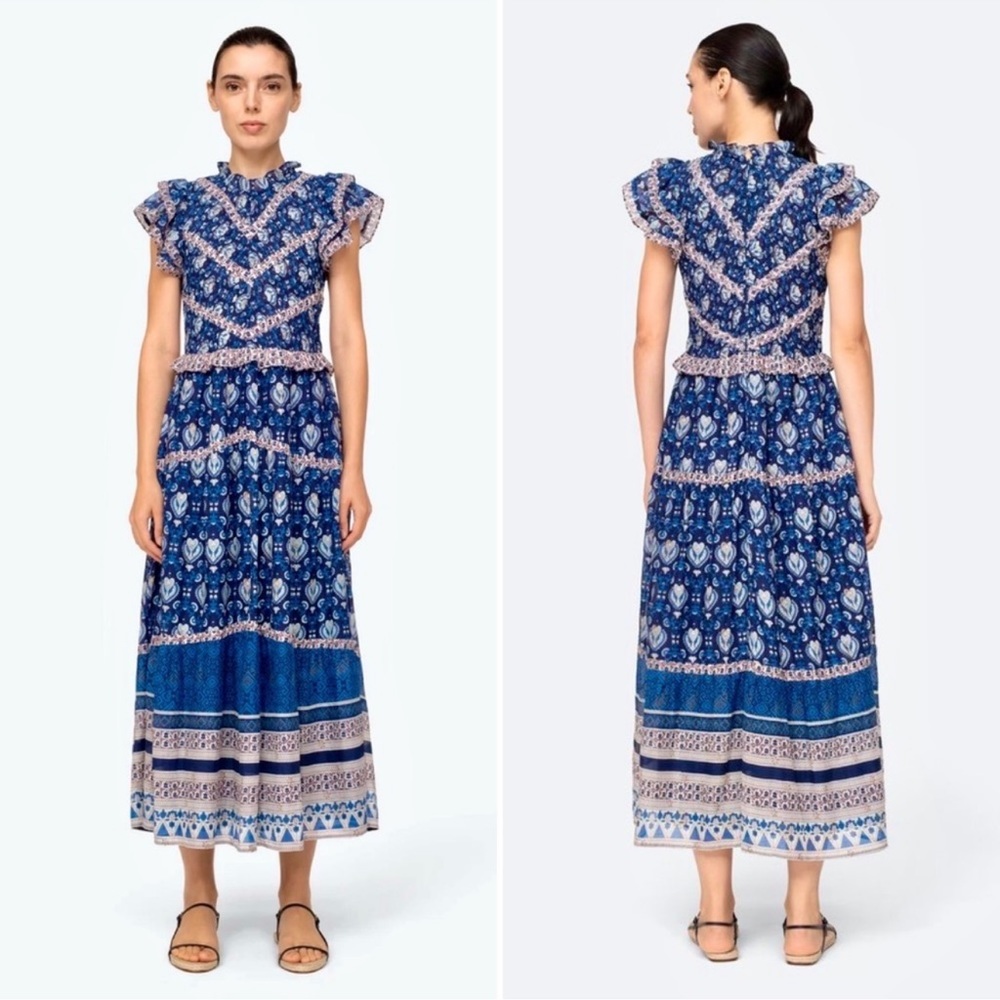 Sea New York Brigitte Smocked Printed Cotton Midi Dress Blue Size Large